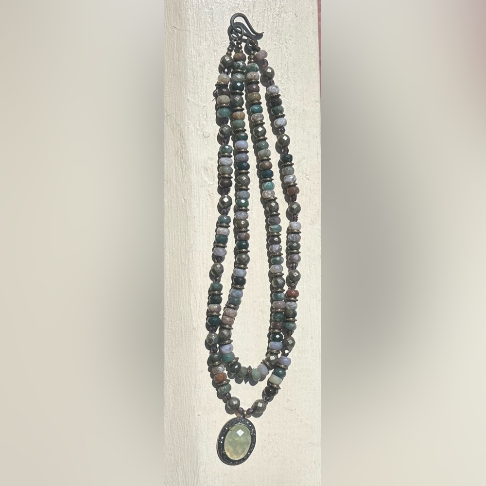 Multi-Tone Jasper & Sterling Silver Beaded Necklace with Chanceldony Pendant - Picture 2 of 3